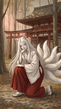 Full-length view of a white hair nine-tailed fox girl doll in a miko outfit crouching at a shrine torii gate