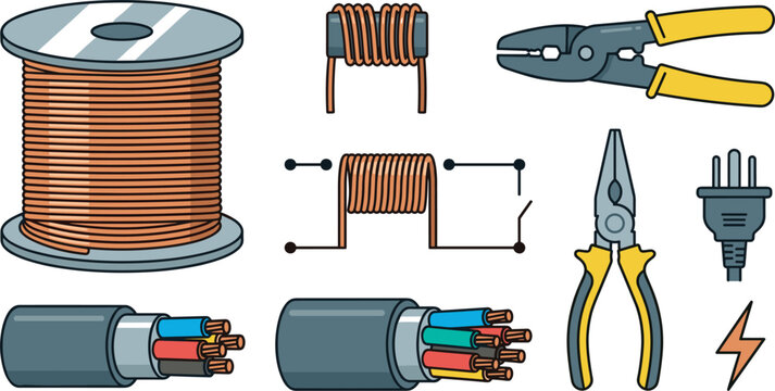 Electrical Cable and Wiring Vector Icon Set with Copper Wire Spool, Pliers, Wire Stripper, Electric Plug, Inductor Coil, and Power Supplies for Electrician Designs