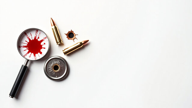 Crime scene symbols cluster with blood spatter magnifier bullet hole scale on white background