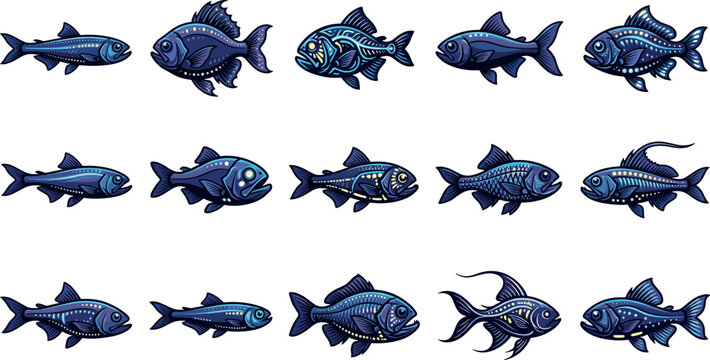 Vector illustration set of dark blue deep sea fish with bioluminescent patterns isolated on white background for marine design.