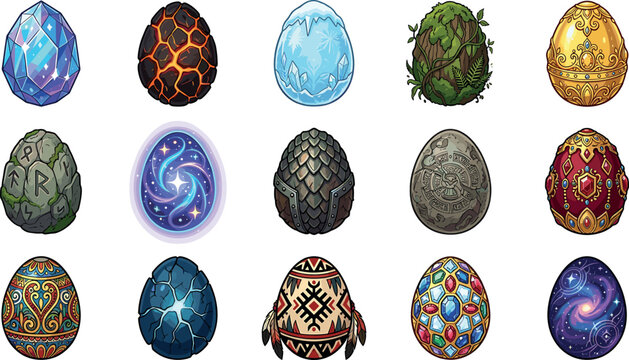 Vector illustration set of fantasy dragon eggs with magical elements, crystals, lava, ice, and golden ornaments isolated on white background.
