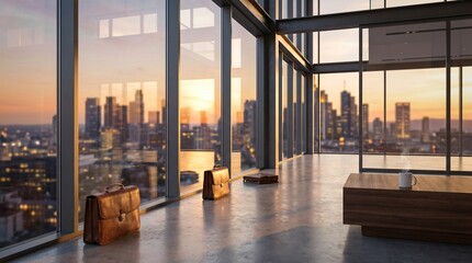 Plakat Business briefcases and coffee mug in a modern office with city skyline at sunset.