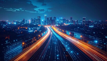 Obraz premium Routes illuminated, destinations marked in digital light…