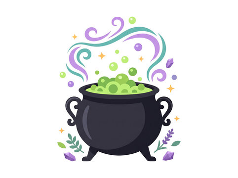 Magic Witch Cauldron with Green Bubbling Potion &ndash; Flat Halloween Vector Illustration