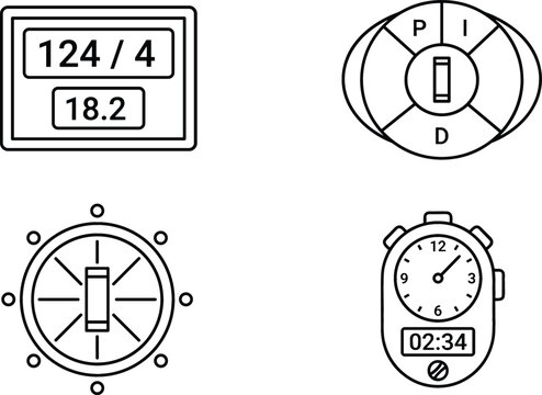 Industrial Automation and Process Control Instrument Icon Set Featuring PID Controller Tuning Digital Telemetry Display Rotary Dial and Stopwatch Vector Illustrations