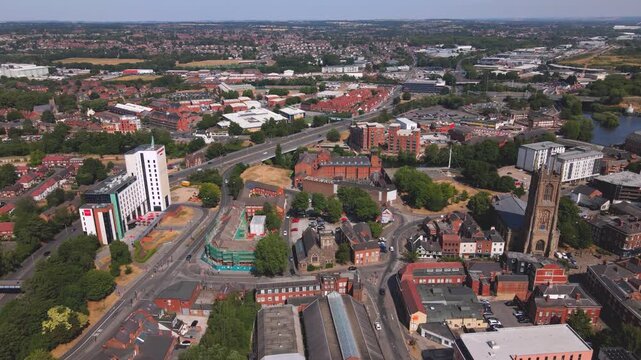 Derby city panorama with cathedral hotel and highway drone view