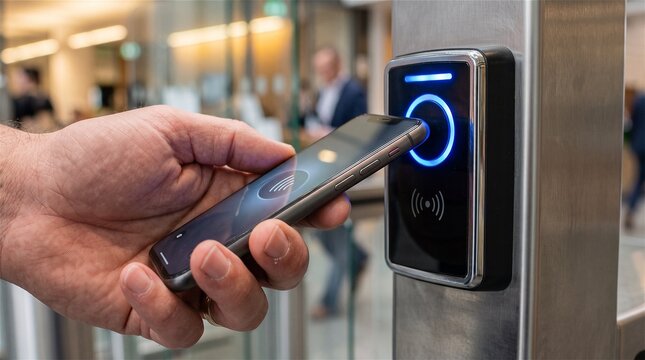 Hand scanning phone at secure office access reader