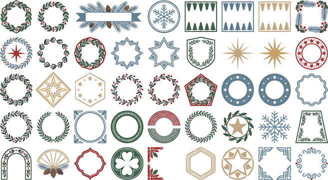 Winter holiday frames and Christmas wreaths vector bundle featuring geometric stars snowflakes pine needles and rustic decorative borders