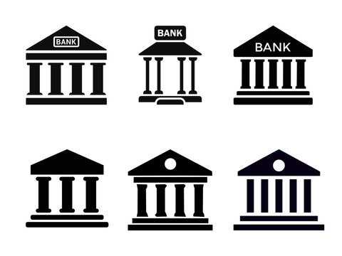 Set of 6 Black Bank Building Icons Isolated on White Background Vector Illustration