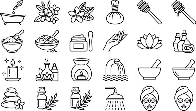 Natural beauty care and traditional wellness line icon set containing bath salts, organic honey, essential oil bottles, diffuser burners, hand massage, and skincare symbols.