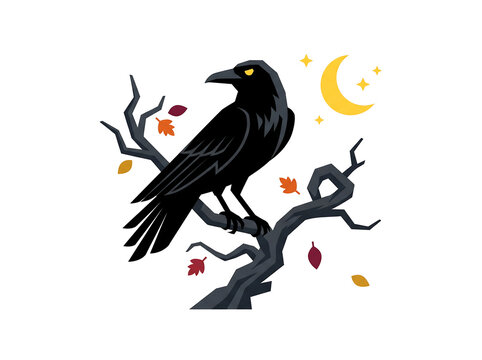 Black Raven on Dead Tree Branch Under Crescent Moon Halloween Vector Illustration