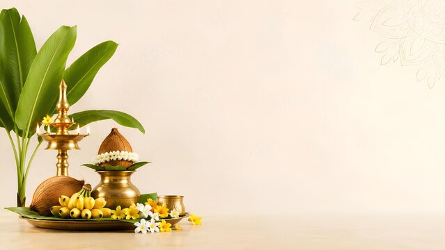 Traditional indian puja background with brass kalash oil lamp and bananas