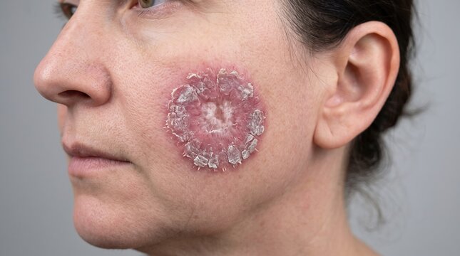 Close up of woman face showing circular plaque rash with discoid lupus erythematosus lesion