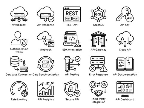Api development and integration icons set for cloud software services.