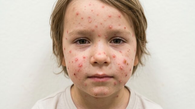 Portrait of young child with chickenpox viral infection showing blister rash on face