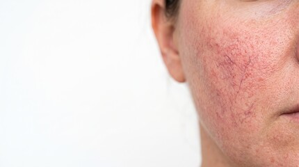 Fototapeta premium Close up of rosacea with visible broken capillaries and redness on woman cheek