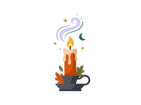Mystical Halloween Candle with Wax Drips, Smoke and Crescent Moon &ndash; Magic Spell Candle Vector Illustration