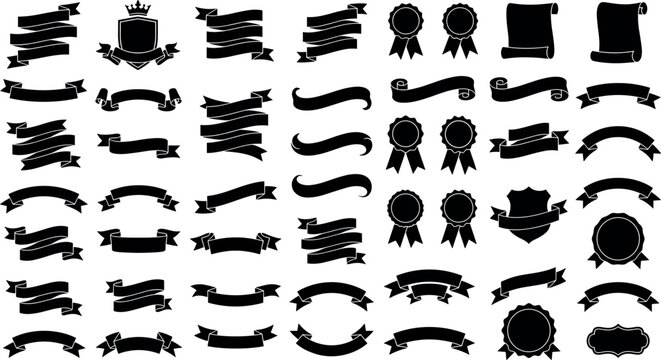 Vintage black ribbon banner silhouette collection with shield crest badges scroll parchment and award rosette elements for heraldic design vector