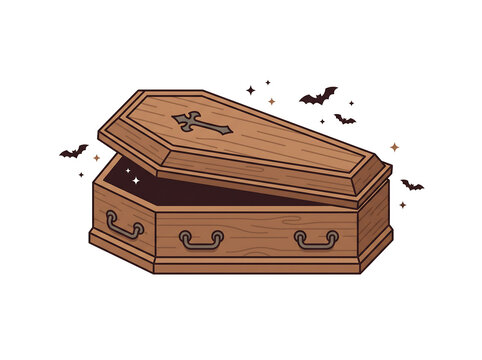 Open Wooden Coffin with Bats &ndash; Halloween Coffin Vector Illustration Isolated on White Background