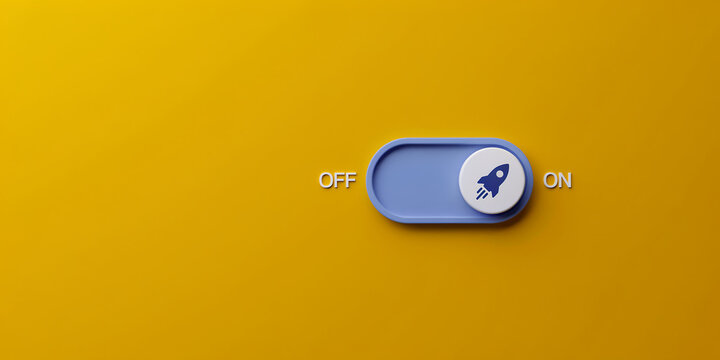Rocket launch toggle switch set to on position with start up business start-up innovation activation minimalist opportunity performance strategy