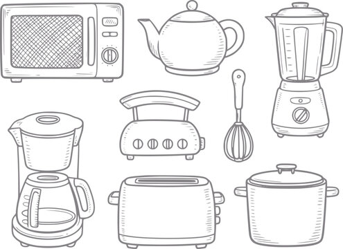 Colecci&oacute;n de electrodom&eacute;sticos de cocina y utensilios de cocina dibujados a mano, incluyendo microondas, licuadora y tostadora