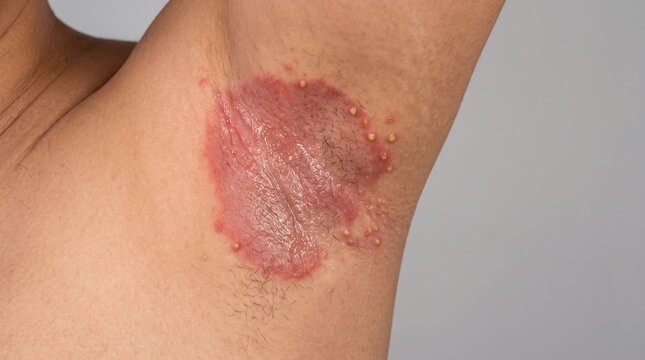 Close up of severe inverse psoriasis rash with pustules in axilla underarm area