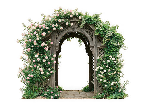 Wooden garden arch covered with climbing pink roses and green ivy isolated on transparent background