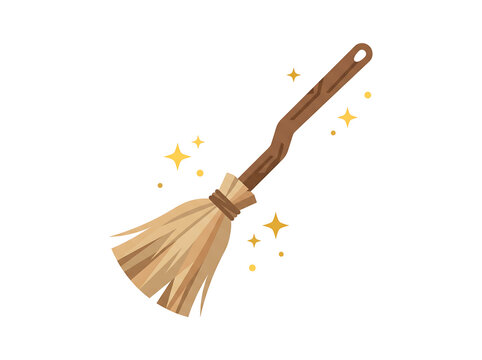 Magic Witch Broom Icon for Halloween Isolated on White Background Cute Flat Vector Illustration