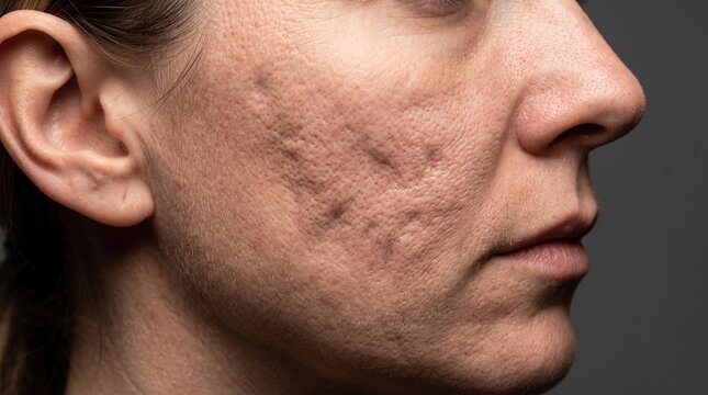 Side view close up of severe pitted ice pick acne scars on female cheek and jawline