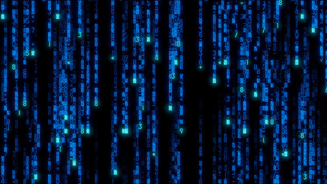 Futuristic digital artwork showcasing a dynamic arrangement of illuminated blue and green code on a dark background, perfect for technology marketing and data analysis
