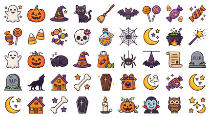 Set of colorful halloween stickers featuring ghosts pumpkins bats witches cats and various spooky holiday themed icons