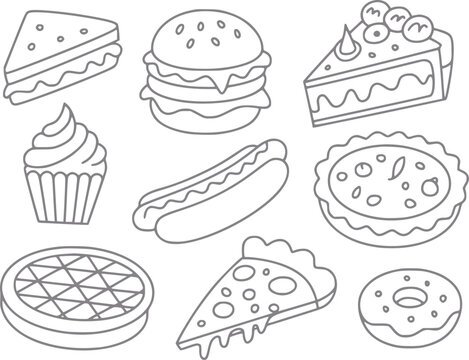 Una colecci&oacute;n de varios alimentos de comida r&aacute;pida y postres en un estilo simple de p&aacute;gina para colorear de l&iacute;neas en blanco y negro