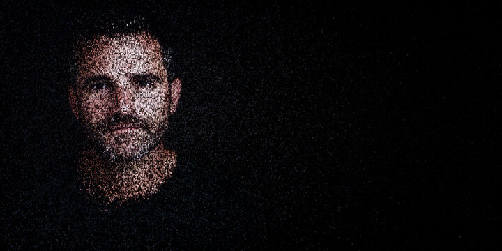 Digital ID Portrait of Man with Face made up of Numbers and Symbols. Decentralized identifier Concept with copy-space.