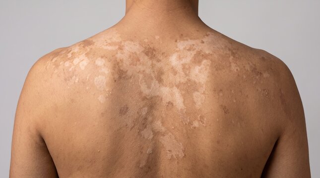 Back view of male torso showing extensive tinea versicolor fungal skin infection with discolored patches
