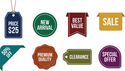 Fototapeta premium Retail Promotion Sale Label and Badge Set Featuring Clearance Discount Ribbons and Special Offer Tags for E-commerce Websites and Marketing Materials