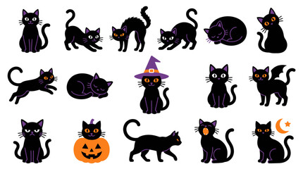 Obraz premium Minimalist halloween black cat icon set featuring simple silhouettes for spooky holiday designs and festive autumn decorations