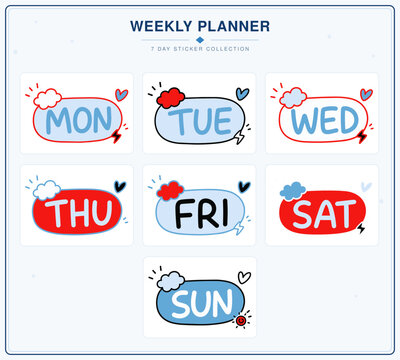 Weekly planner weekday sticker collection with Monday to Sunday labels