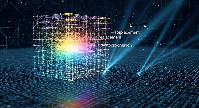 Digital data cube floating above binary code surface representing advanced computing mathematics
