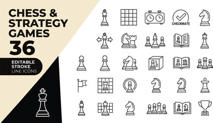 Chess and strategy game line icon collection for board on transparent background Editable Stroke. © icon_vectors