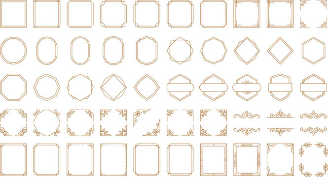 Vintage gold line frames vector set with geometric borders art deco labels badges dividers and elegant corner flourishes collection