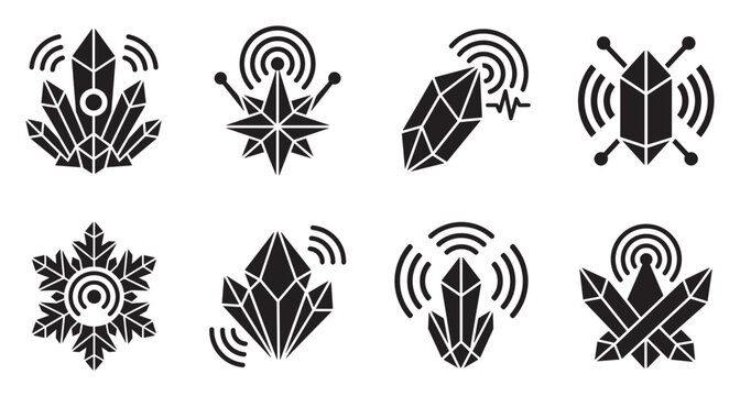 Crystals with radiating signals and snowflake icon for energy and broadcast themes.
