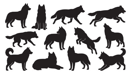 Fototapeta premium Siberian Husky Dog Silhouette Bundle | 10 Black Vector Husky Poses Collection