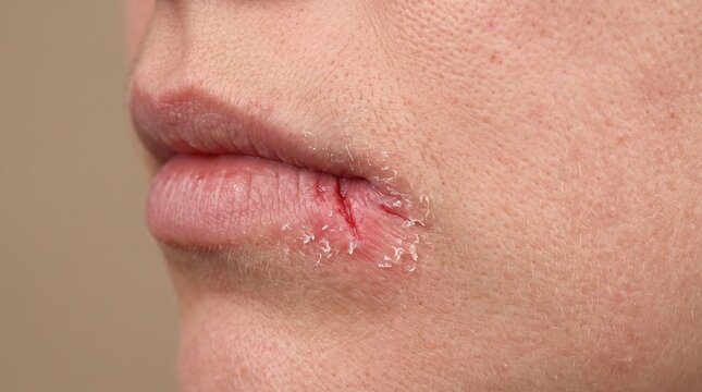 Close up of dry chapped lips with bleeding painful median labial fissure cheilitis