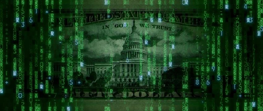Electronic Money Concept with Fifty Dollar Bill made up of Animated Numbers and Symbols. Blockchain Finance Wallpaper.