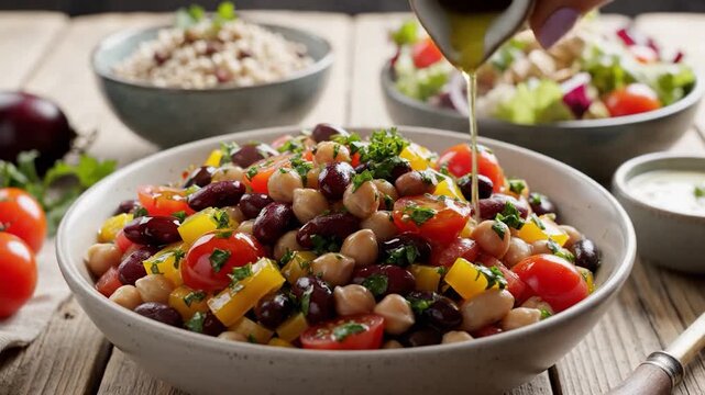 Healthy mixed bean salad with chickpeas and cherry tomatoes