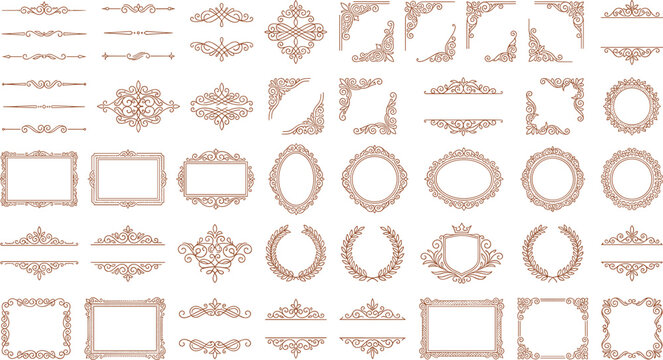 Vintage luxury divider and corner border frame mega bundle featuring elegant baroque flourishes classical scroll vignettes and ornate royal label vectors.