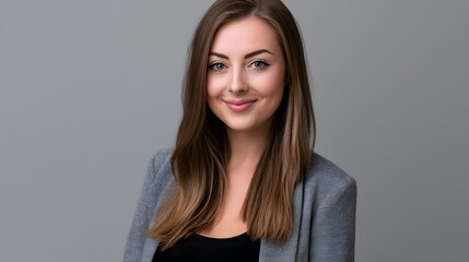 Fototapeta premium A young woman with long brown hair smiles gently while wearing a gray blazer over a black top against a plain gray background
