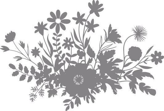 Una silueta gris de un ramo de flores silvestres aislado sobre un fondo blanco limpio