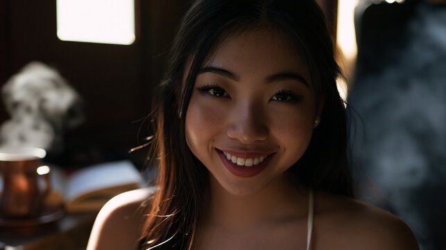 Relaxed Individual with Serene Smile in Soft Light, Capturing a Moment of Calm in a Cozy Indoor Space