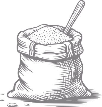Dibujo a mano de un saco lleno de grano o harina con una pala de madera para uso culinario